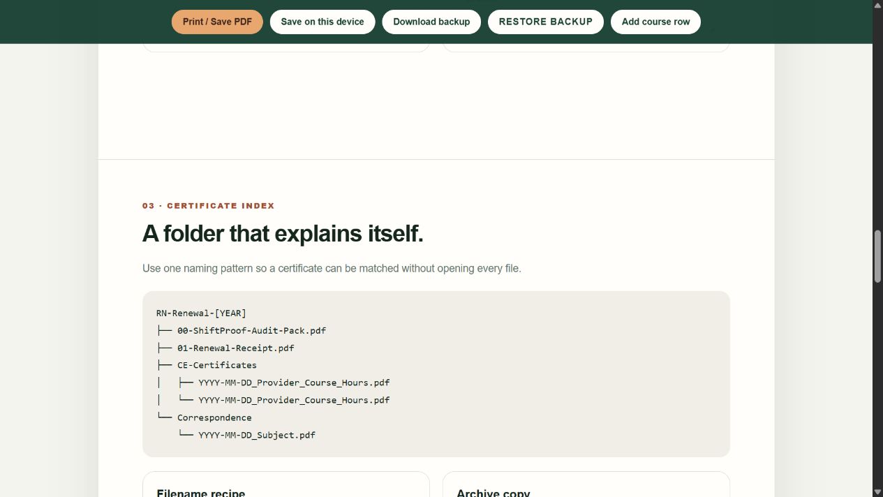 Actual ShiftProof certificate index with an example renewal archive folder and filename pattern