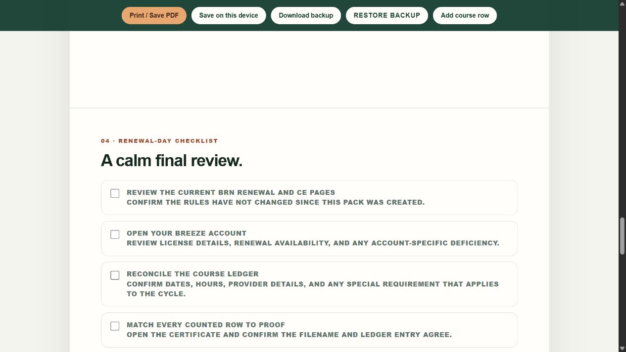 Actual ShiftProof renewal-day checklist covering current rules, BreEZe, the CE ledger, and proof matching